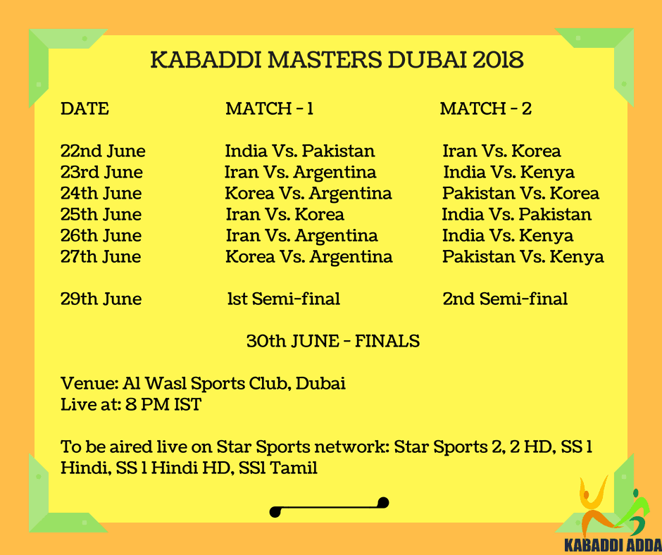 Kabaddi Masters Dubai Schedule