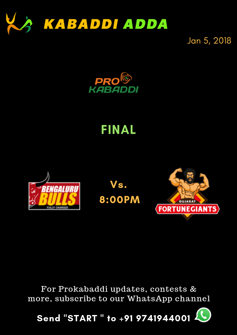 Gujarat Fortunegiants Vs. Bengaluru Bulls Prokabaddi season 6 final