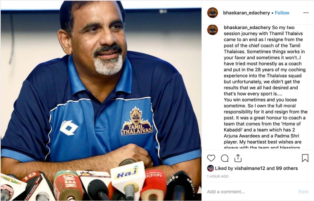 tamil thalaivas coach bhaskaran resigns